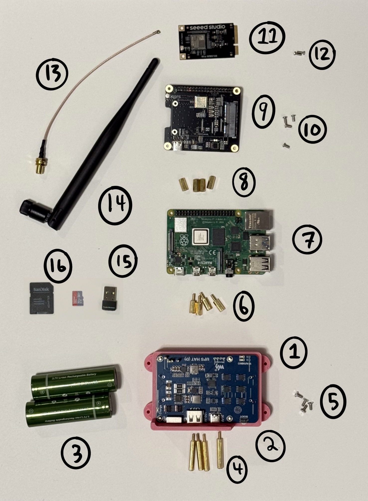 numbered layout of all node 16 components for initial assembly